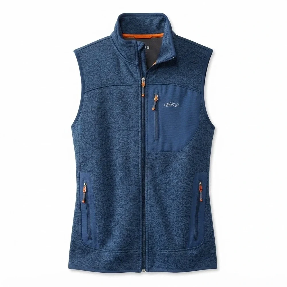 Orvis Mens Blue Heather Full Zip Fleece Vest Mock Neck Small